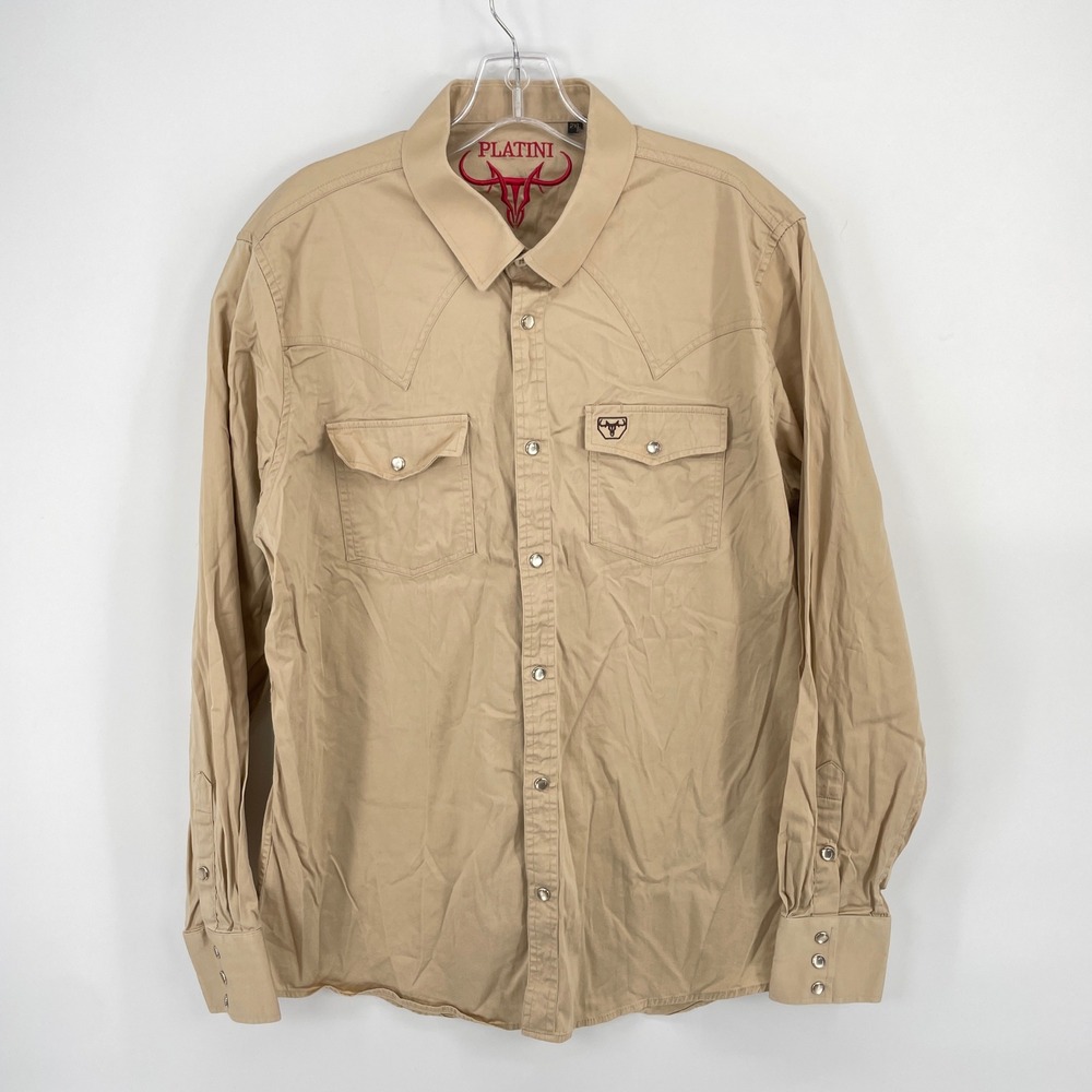 Platini Jeans Mens 2XL Tan Western Pearl Snap Long Sleeve Shirt Cotton Stretch